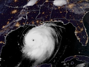 This RAMMB/NOAA satellite image shows Hurricane Laura moving Northwestern in the Gulf of Mexico towards Louisiana at 11:40 UTC on Aug. 26, 2020.