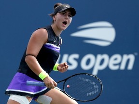 Bianca Andreescu reacts during her match against Kirsten Flipkens at the 2019 US Open at the USTA Billie Jean King National Tennis Center on August 29, 2019 in New York.