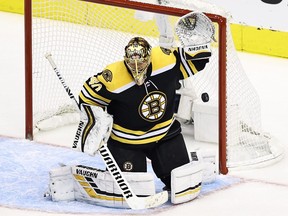 Tuukka Rask of the Boston Bruins allows a goal to Dougie Hamilton of the Carolina Hurricanes at Scotiabank Arena on August 13, 2020 in Toronto.