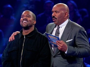 Kanye West is ready to play for fast money with Steve Harvey on a celebrity edition of Family Feud between The West vs. Kardashians, on June 11, 2018.
