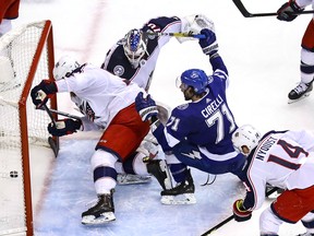 Anthony Cirelli of the Tampa Bay Lightning scores on Joonas Korpisalo of the Columbus Blue Jackets late in the third period of Game 5 on Wednesday.