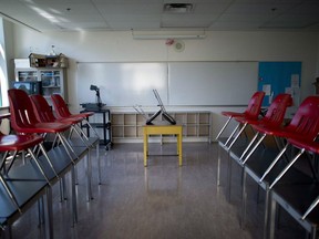 A empty classroom is pictured at McGee Secondary school in Vancouver, B.C. Friday, Sept. 5, 2014.