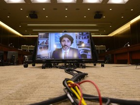 Prime Minister Justin Trudeau appears as a witness via videoconference during a House of Commons finance committee in the Wellington Building on Thursday, July 30, 2020. The committee is looking into Government Spending, WE Charity and the Canada Student Service Grant.