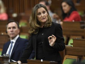 Deputy Prime Minister and Minister of Intergovernmental Affairs Chrystia Freeland rises during Question Period in the House of Commons in Ottawa, Monday July 20, 2020.