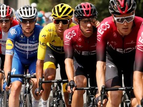 Tour de France - The 59.5-km Stage 20 from Albertville to Val Thorens - July 27, 2019 - Team INEOS rider Egan Bernal of Colombia, wearing the overall leader's yellow jersey, in the peloton.