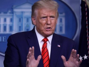 U.S. President Donald Trump responds to questions from members of the news media during a news conference at the White House in Washington, D.C., Monday, Aug. 31, 2020.