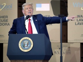 U.S. President Donald Trump speaks to workers at a Whirlpool manufacturing facility in Clyde, Ohio, Thursday, Aug. 6, 2020.