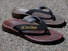 Flip flops made from algae that was turned into biodegradable and renewable polyurethane are shown on campus at UC San Diego, in San Diego, California August 12, 2020.