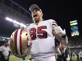 San Francisco 49ers tight end George Kittle celebrates after the game against the Seattle Seahawks at CenturyLink Field in Seattle, Washington, Dec. 29, 2019.