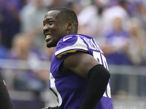 Mackensie Alexander of the Minnesota Vikings jogs off the field after sustaining an injury in the second quarter of the game against the Atlanta Falcons at U.S. Bank Stadium on Sept. 8, 2019 in Minneapolis, Minnesota.