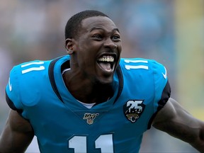 Marqise Lee of the Jacksonville Jaguars smiles during the game against the New York Jets at TIAA Bank Field on October 27, 2019 in Jacksonville, Fla.