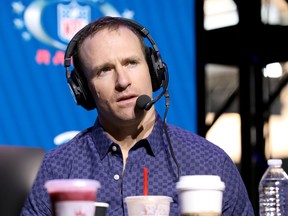NFL quarterback Drew Brees of the New Orleans Saints speaks onstage during an interview with SiriusXM at Super Bowl LIV on Jan. 31, 2020 in Miami, Fla.