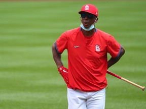 Coach Willie McGee of the St. Louis Cardinals looks on during the first day of summer workouts at Busch Stadium on July 3, 2020 in St. Louis, Miss.