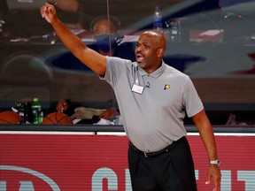 Head coach Nate McMillan of the Indiana Pacers on the sideline during the second half of Game 3 of an NBA basketball first-round playoff series against the Miami Heat at AdventHealth Arena on Aug. 22, 2020 in Lake Buena Vista, Fla.