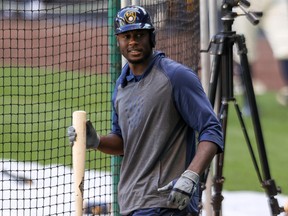 Lorenzo Cain of the Milwaukee Brewers walks across the field during summer workouts at Miller Park on July 4, 2020 in Milwaukee, Wis.