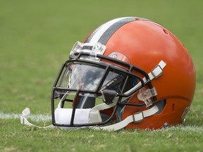 A Cleveland Browns helmet rests on the field prior to the game against the Philadelphia Eagles at Lincoln Financial Field on Sept. 11, 2016 in Philadelphia, Pa.
