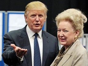 Donald Trump is pictured with his sister Maryanne Trump Barry as they adjourn for lunch during a public inquiry over his plans to build a golf resort near Aberdeen, at the Aberdeen Exhibition & Conference centre, Scotland, on June 10, 2008.