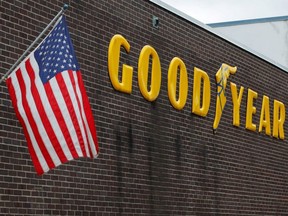 A U.S. flag flies at a Goodyear Tire facility in Somerville, Mass., July 25, 2017.