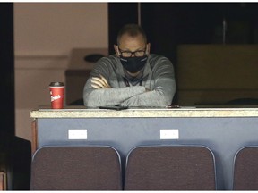 Flames GM Brad Treliving watches practice during Calgary Flames NHL training camp at the Saddledome in Calgary on Thursday, July 16, 2020. Jim Wells/Postmedia