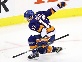 Mathew Barzal of the New York Islanders celebrates after scoring the game-winning goal in OT against the Washington Capitals at Scotiabank Arena on August 16, 2020 in Toronto.