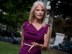 Counselor to the President, Kellyanne Conway, talks to reporters outside the White House, in Washington, D.C., Aug. 6, 2020.