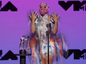 This handout image released courtesy of MTV shows Lady Gaga accepting the award for Best Collaboration for "Rain On Me" during the 2020 MTV Video Music Awards on August 30, 2020 in New York.