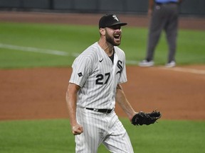 White Sox starting pitcher Lucas Giolito reacts after throwing a no hitter against the Pirates at Guaranteed Rate Field in Chicago, Tuesday, Aug. 25, 2020.
