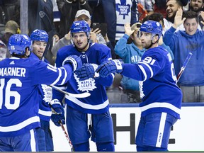 From left: High-priced forwards Mitch Marner (16), John Tavares (91), and Auston Matthews found it hard to score on the Columbus Blue Jackets, just one of the reasons Toronto failed to advance past the play-in series.
