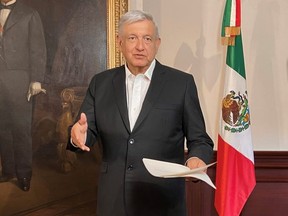 Mexican President Andres Manuel Lopez Obrador delivers a message about the coronavirus vaccine (COVID-19) at the National Palace in Mexico City August 16, 2019.