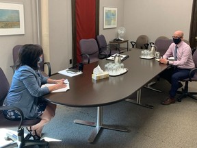 Alberta Education Minister Adriana LaGrange met at the legislature with Jason Schilling, president of the Alberta Teachers' Association, Aug. 19, 2020.