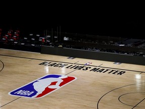 An empty arena is seen as all NBA playoff games were postponed Thursday, on Aug. 27, 2020, during the 2020 NBA Playoffs at AdventHealth Arena at ESPN Wide World Of Sports Complex in Lake Buena Vista, Fla.