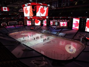 General view during the playing of the national anthems during the first round of the 2020 Stanley Cup playoffs at Scotiabank Arena.