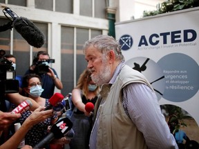 Frederic Roussel, co-founder and development director of ACTED speaks with the media during a news conference at the NGO headquarters in Paris, France, August 10, 2020.