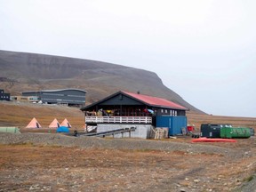 A picture taken Friday, Aug. 28, 2020 outside Longyearbyen, Norway, shows a view of a camp site, where a man died after being attacked by a polar bear.