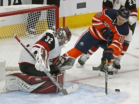 Arizona Coyotes goalie Antti Raanta makes a save on Edmonton Oilers Joakim Nygard during second period NHL hockey game action in Edmonton on Saturday January 18, 2020. (PHOTO BY LARRY WONG/POSTMEDIA)
