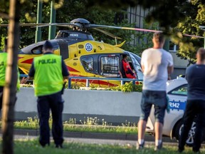 A rescue helicopter is seen on the site where Dutch cyclists Fabio Jakobsen and Dylan Groenewegen crashed, while at the finish line on stage one of the Tour de Pologne in Katowice, Poland August 5, 2020.