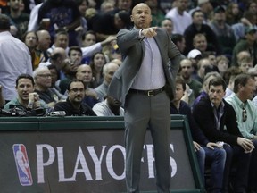 Milwaukee Bucks head coach Jason Kidd reacts during the first half of Game 4 of an NBA first-round playoff series basketball game against the Toronto Raptors Saturday, April 22, 2017, in Milwaukee.