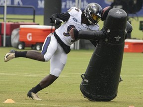 Ravens linebacker Matthew Judon practices positional drills at training camp at Under Armour Performance Center in Owings Mills, Maryland, Aug. 19, 2020.