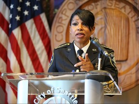 Seattle Police Chief Carmen Best announces her resignation at a press conference at Seattle City Hall on August 11, 2020 in Seattle.