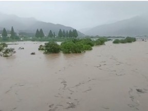 General view shows flooding along Seomjin River amid monsoon rains in Gokseong, South Korea August 7, 2020 in this still image taken August 8, 2020 from social media video.