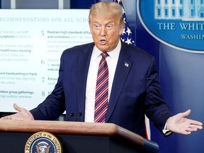 U.S. President Donald Trump speaks during a briefing on the coronavirus pandemic response at the White House in Washington, D.C., Aug. 12, 2020.