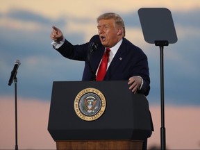 President Donald Trump speaks a rally at an airport hanger on August 28, 2020 in Londonderry, New Hampshire.