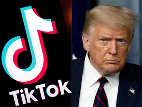 This combination of pictures created Aug. 1, 2020, shows the logo of the social media video sharing app TikTok displayed on a tablet screen in Paris, and U.S. President Donald Trump at the White House in Washington, D.C., on July 30, 2020.