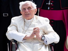 Pope Emeritus Benedict XVI gestures at Munich Airport before leaving for Rome, June 22, 2020.