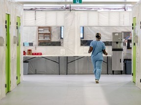A nurse is seen in a specially built annex for COVID-19 cases at Verdun Hospital in April.