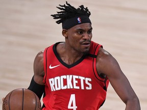 Danuel House Jr. of the Houston Rockets dribbles the ball during the second quarter against the Los Angeles Lakers in Game 2 of the Western Conference Second Round during the 2020 NBA Playoffs at AdventHealth Arena at the ESPN Wide World Of Sports Complex on Sept. 6, 2020 in Lake Buena Vista, Fla.