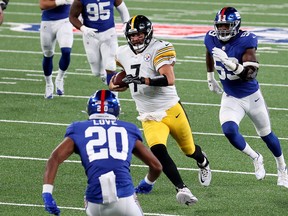 Ben Roethlisberger of the Pittsburgh Steelers runs with the ball against the New York Giants during the second quarter in the game at MetLife Stadium on Sept. 14, 2020 in East Rutherford, N.J.