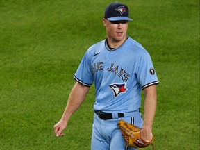 Chase Anderson of the Toronto Blue Jays reacts during the fourth inning against the New York Yankees at Yankee Stadium on Sept. 17, 2020 in the Bronx borough of New York City.