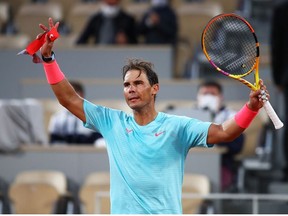 Rafael Nadal of Spain celebrates victory in his Men's Singles first round match against Egor Gerasimov of Belarus on day two of the 2020 French Open at Roland Garros on September 28, 2020 in Paris, France.