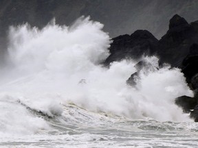 High waves triggered by Typhoon Haishen crash against the coast of Amami Oshima island, Kagoshima prefecture, Japan Sept. 5, 2020.